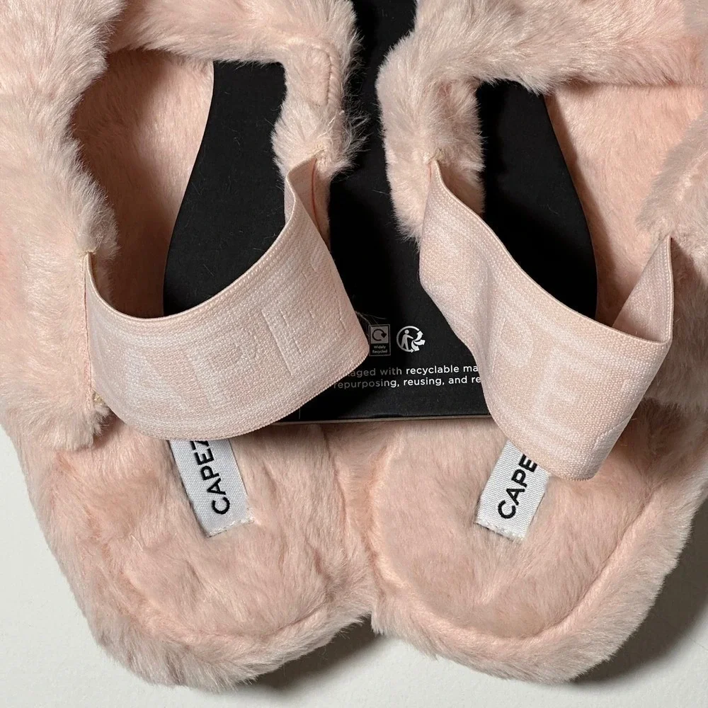 Capezio Pink Faux Fur Cross Strap Slippers with Logo Elastic Back Strap Size L 9